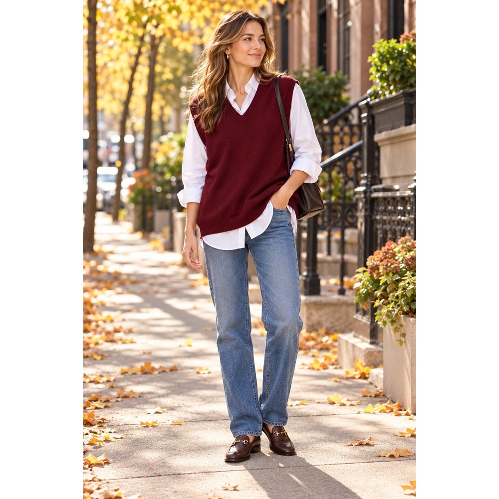 Turnbury Mens Extra Fine Merino Wool V-Neck Sweater Vest Burgundy Red Large